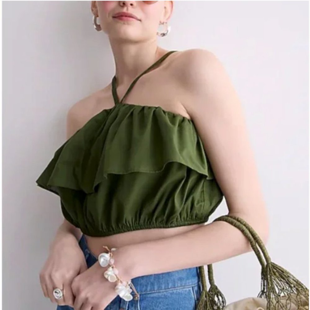 NWT JCrew RUFFLE HALTER TOP in Dark Seaweed